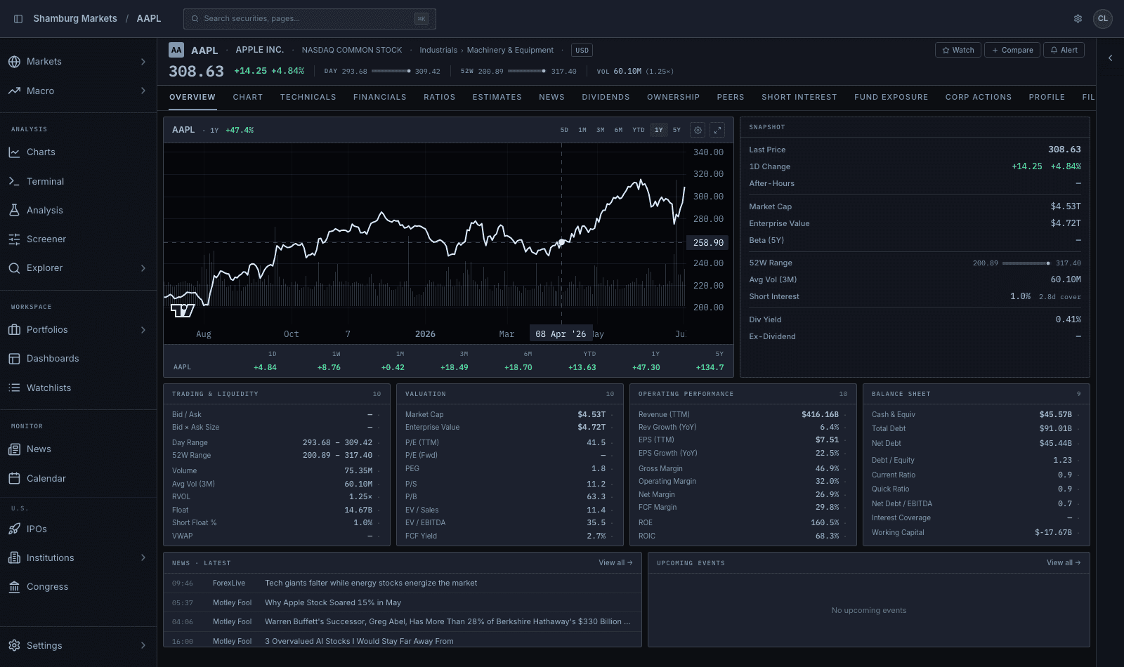 Company overview page with price chart, valuation, operating performance, and balance sheet panels
